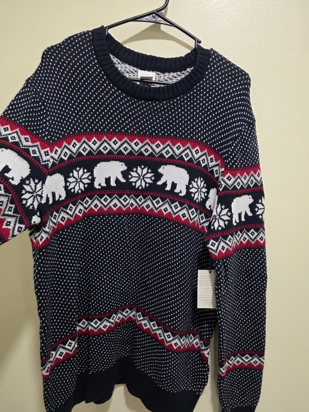​New Aspen Men's Holiday Sweater Navy Blue Polar Bear Fair Isle Print Size L